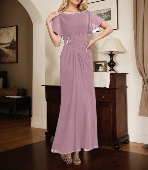 A-line Scoop Ankle-Length Chiffon Mother of the Bride Dress With Beading Pleated