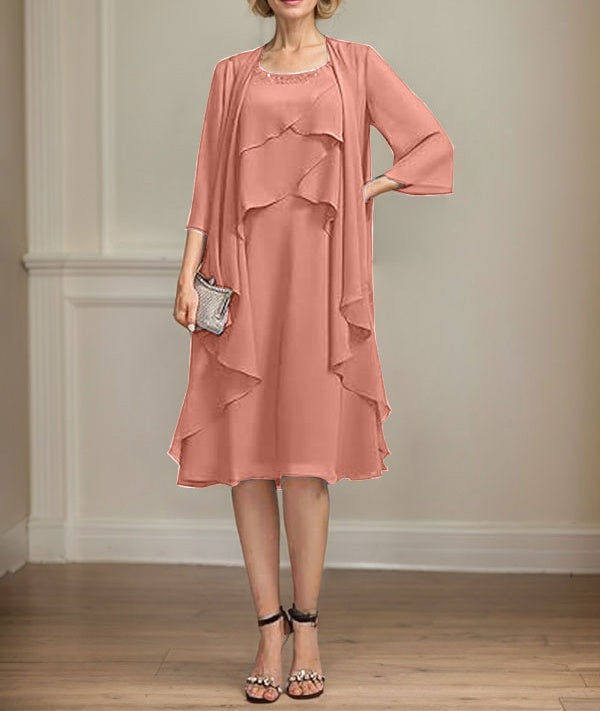 A-line Scoop Knee-Length Chiffon Mother of the Bride Dress With Beading