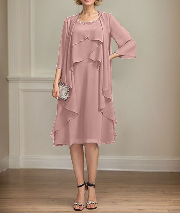 A-line Scoop Knee-Length Chiffon Mother of the Bride Dress With Beading