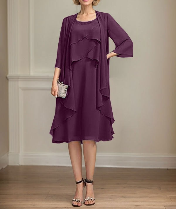 A-line Scoop Knee-Length Chiffon Mother of the Bride Dress With Beading