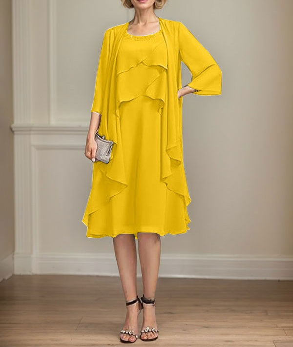 A-line Scoop Knee-Length Chiffon Mother of the Bride Dress With Beading