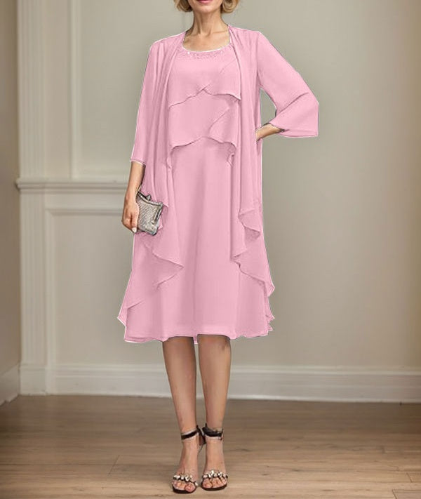 A-line Scoop Knee-Length Chiffon Mother of the Bride Dress With Beading
