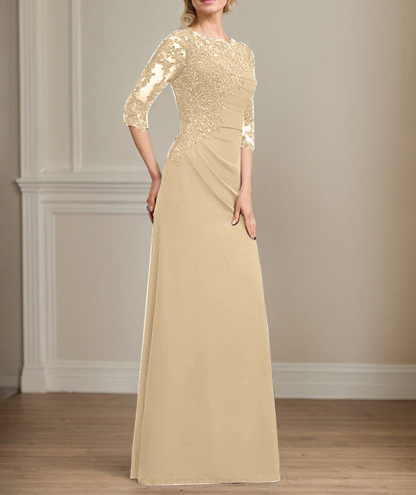 A-line Scoop Floor-Length Chiffon Lace Mother of the Bride Dress With Beading Pleated Sequins