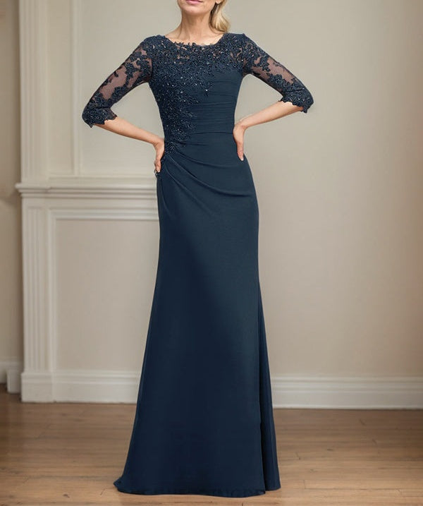 A-line Scoop Floor-Length Chiffon Lace Mother of the Bride Dress With Beading Pleated Sequins