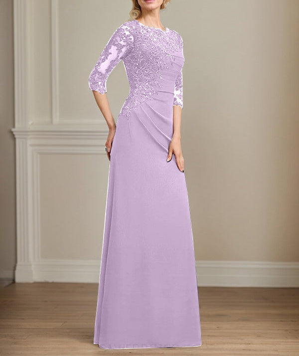 A-line Scoop Floor-Length Chiffon Lace Mother of the Bride Dress With Beading Pleated Sequins