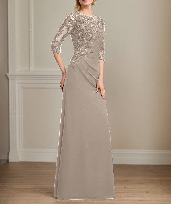 A-line Scoop Floor-Length Chiffon Lace Mother of the Bride Dress With Beading Pleated Sequins