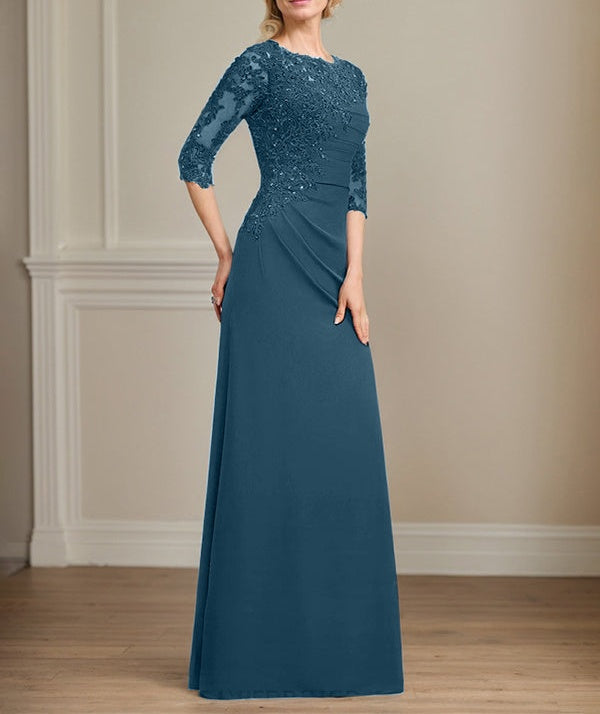 A-line Scoop Floor-Length Chiffon Lace Mother of the Bride Dress With Beading Pleated Sequins