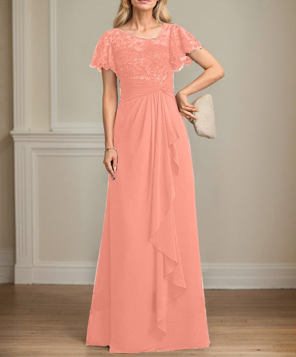 A-line Asymmetrical Illusion Floor-Length Lace Chiffon Mother of the Bride Dress With Cascading Ruffles Sequins