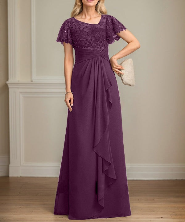 A-line Asymmetrical Illusion Floor-Length Lace Chiffon Mother of the Bride Dress With Cascading Ruffles Sequins