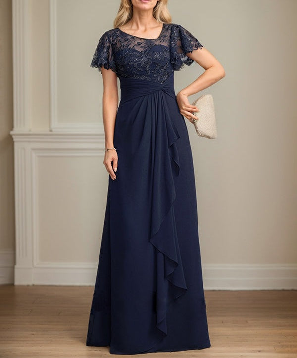 A-line Asymmetrical Illusion Floor-Length Lace Chiffon Mother of the Bride Dress With Cascading Ruffles Sequins