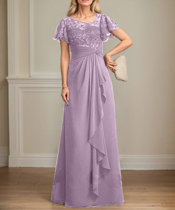 A-line Asymmetrical Illusion Floor-Length Lace Chiffon Mother of the Bride Dress With Cascading Ruffles Sequins