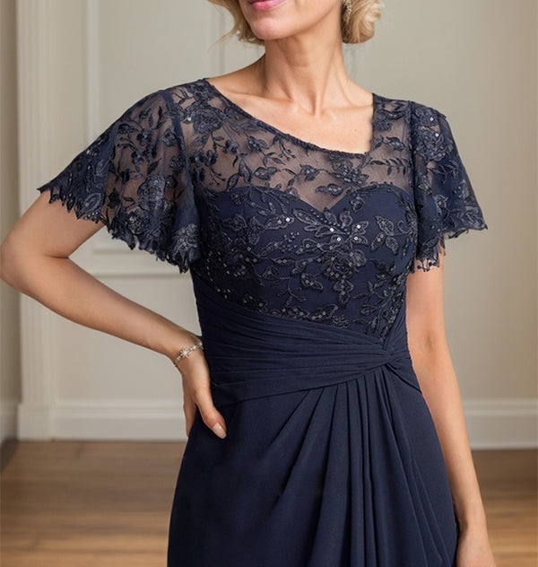 A-line Asymmetrical Illusion Floor-Length Lace Chiffon Mother of the Bride Dress With Cascading Ruffles Sequins