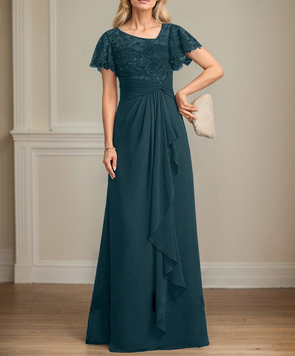 A-line Asymmetrical Illusion Floor-Length Lace Chiffon Mother of the Bride Dress With Cascading Ruffles Sequins