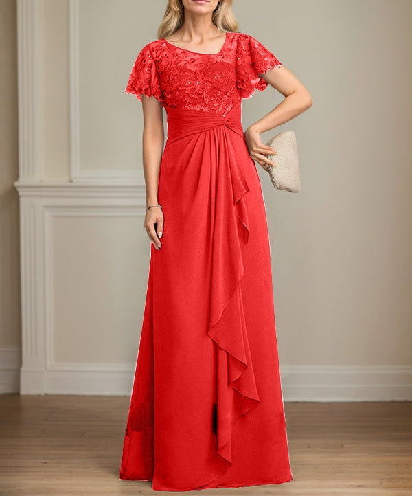 A-line Asymmetrical Illusion Floor-Length Lace Chiffon Mother of the Bride Dress With Cascading Ruffles Sequins