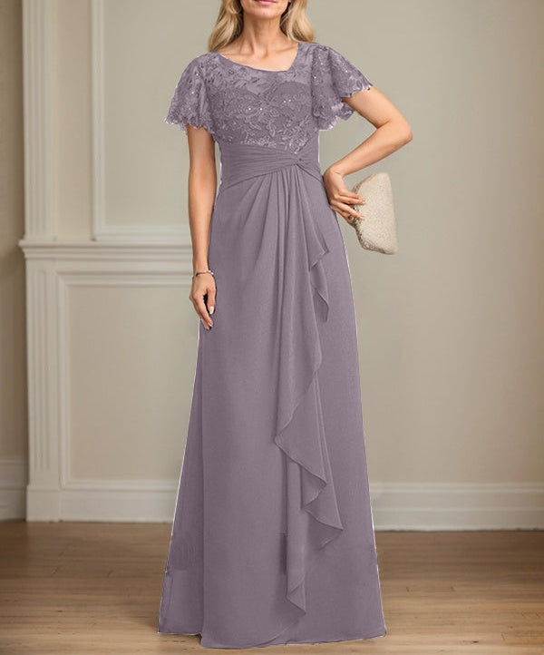 A-line Asymmetrical Illusion Floor-Length Lace Chiffon Mother of the Bride Dress With Cascading Ruffles Sequins