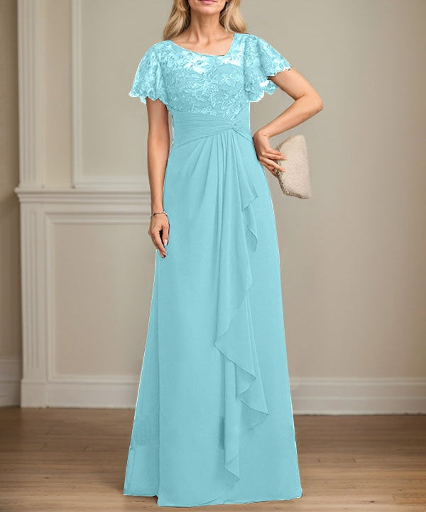 A-line Asymmetrical Illusion Floor-Length Lace Chiffon Mother of the Bride Dress With Cascading Ruffles Sequins