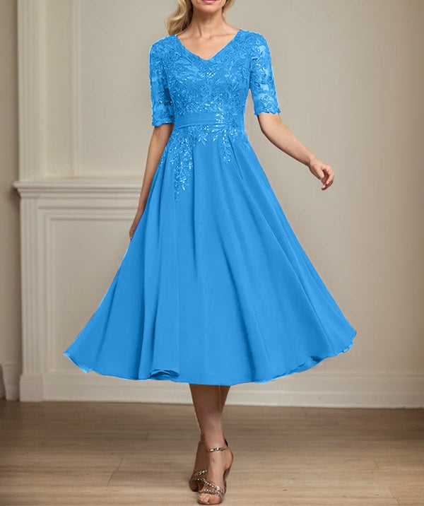 A-line V-Neck Tea-Length Lace Chiffon Mother of the Bride Dress With Sequins