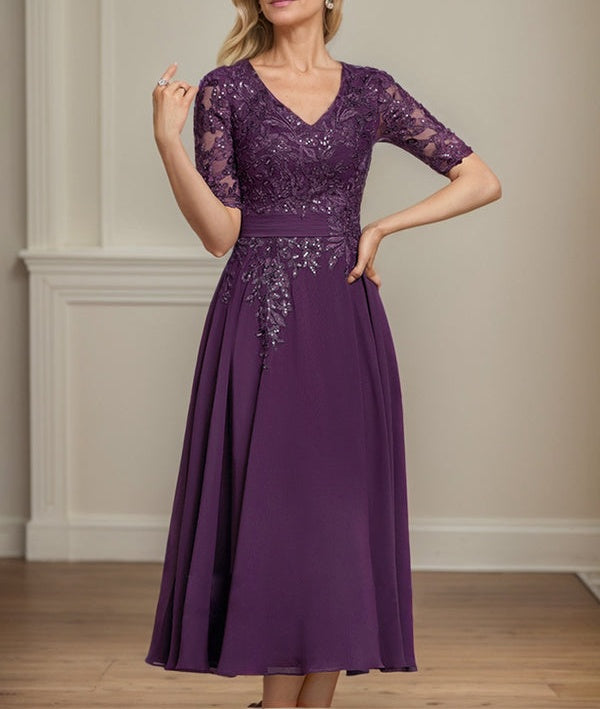 A-line V-Neck Tea-Length Lace Chiffon Mother of the Bride Dress With Sequins