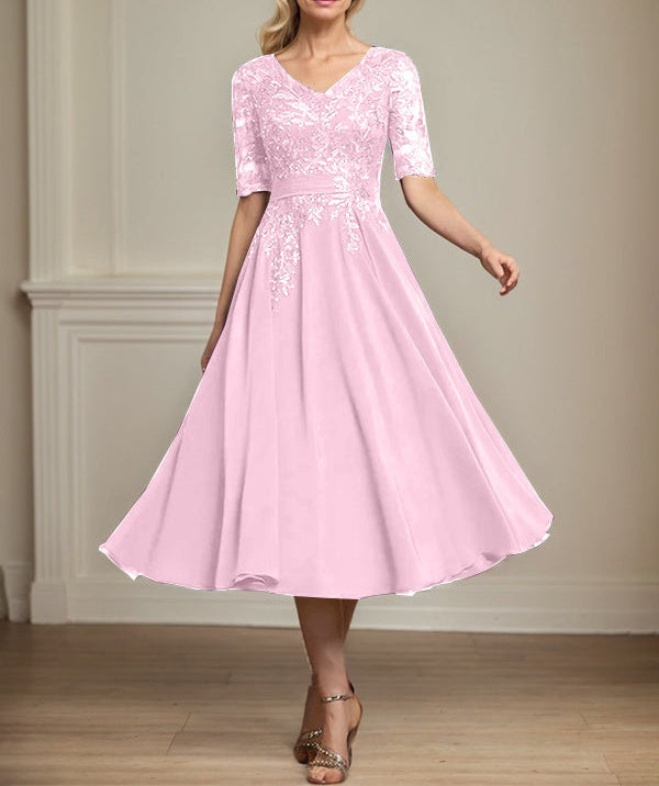 A-line V-Neck Tea-Length Lace Chiffon Mother of the Bride Dress With Sequins