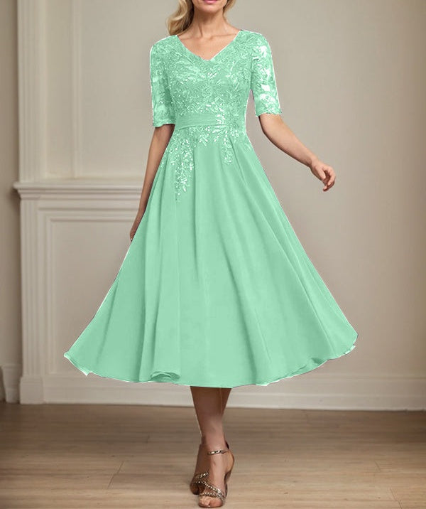 A-line V-Neck Tea-Length Lace Chiffon Mother of the Bride Dress With Sequins