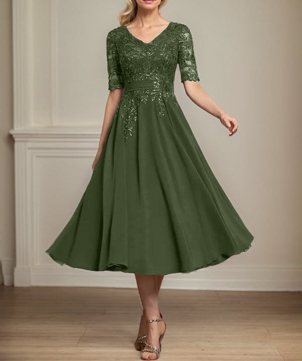 A-line V-Neck Tea-Length Lace Chiffon Mother of the Bride Dress With Sequins