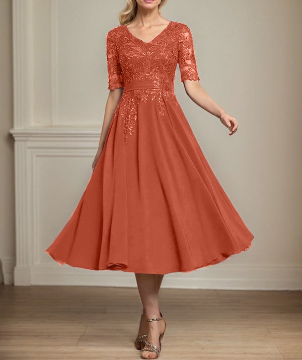 A-line V-Neck Tea-Length Lace Chiffon Mother of the Bride Dress With Sequins