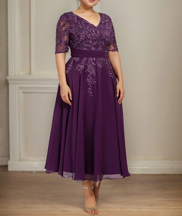A-line V-Neck Tea-Length Lace Chiffon Mother of the Bride Dress With Sequins