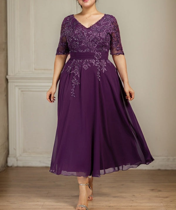 A-line V-Neck Tea-Length Lace Chiffon Mother of the Bride Dress With Sequins