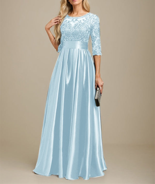 A-line Scoop Illusion Floor-Length Stretch Satin Lace Mother of the Bride Dress With Bow Sequins