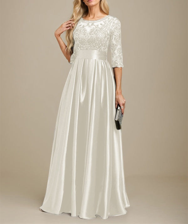 A-line Scoop Illusion Floor-Length Stretch Satin Lace Mother of the Bride Dress With Bow Sequins