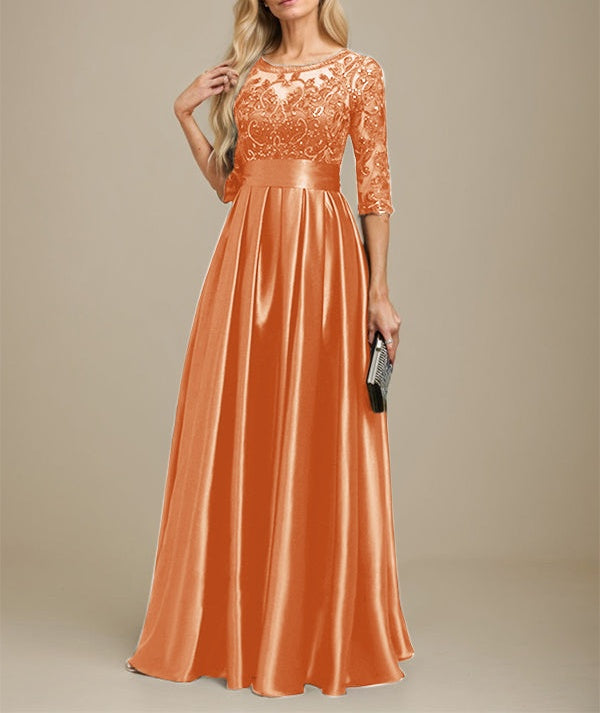 A-line Scoop Illusion Floor-Length Stretch Satin Lace Mother of the Bride Dress With Bow Sequins