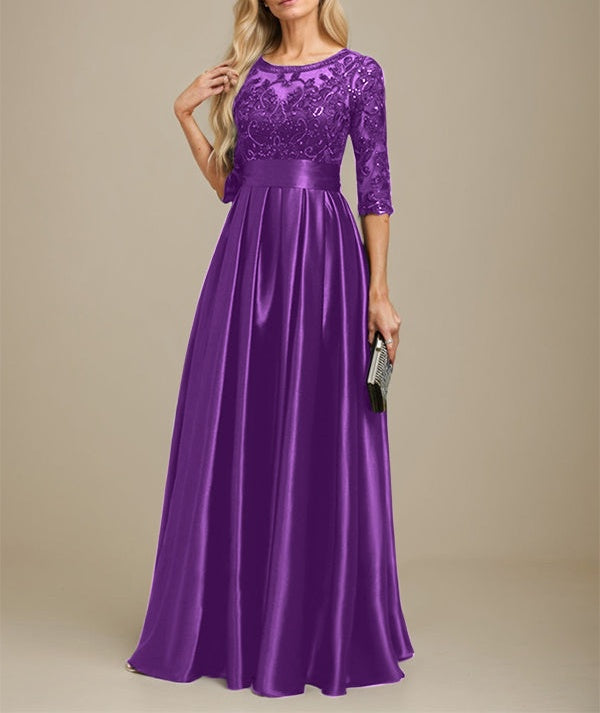 A-line Scoop Illusion Floor-Length Stretch Satin Lace Mother of the Bride Dress With Bow Sequins