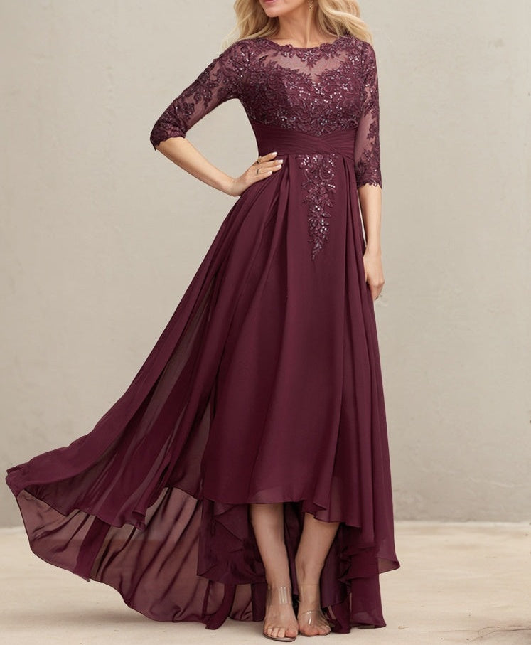 A-line Scoop Illusion Asymmetrical Lace Chiffon Mother of the Bride Dress With Pleated Sequins