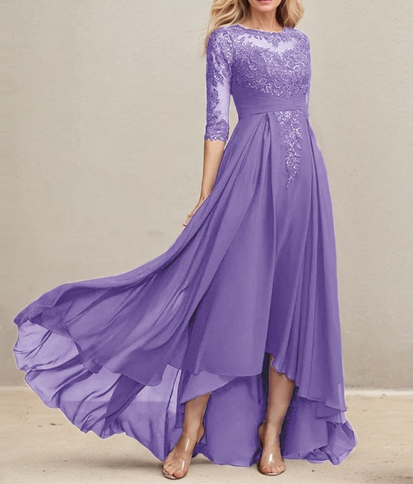 A-line Scoop Illusion Asymmetrical Lace Chiffon Mother of the Bride Dress With Pleated Sequins