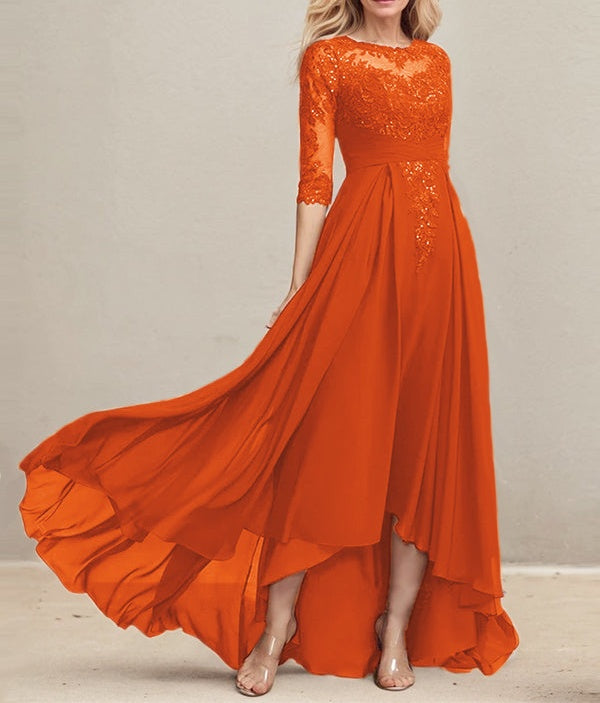 A-line Scoop Illusion Asymmetrical Lace Chiffon Mother of the Bride Dress With Pleated Sequins