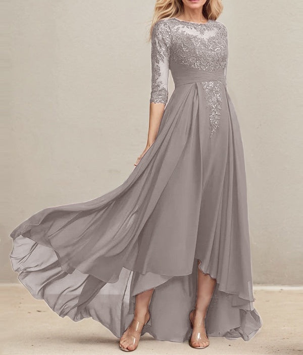 A-line Scoop Illusion Asymmetrical Lace Chiffon Mother of the Bride Dress With Pleated Sequins
