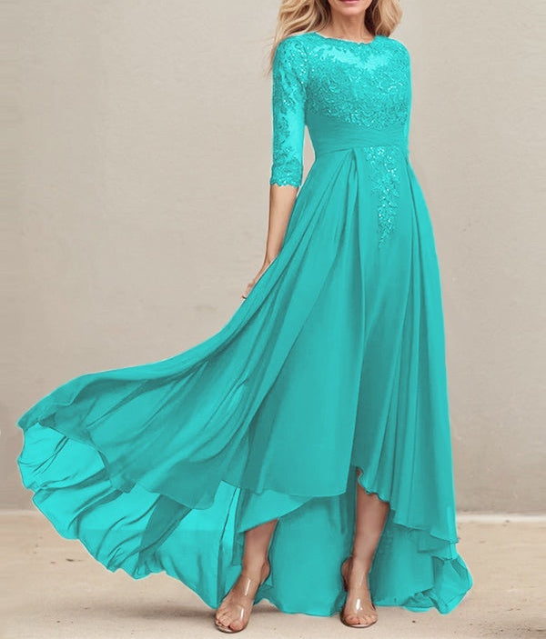 A-line Scoop Illusion Asymmetrical Lace Chiffon Mother of the Bride Dress With Pleated Sequins
