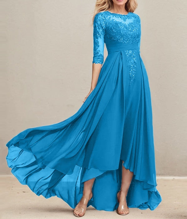 A-line Scoop Illusion Asymmetrical Lace Chiffon Mother of the Bride Dress With Pleated Sequins