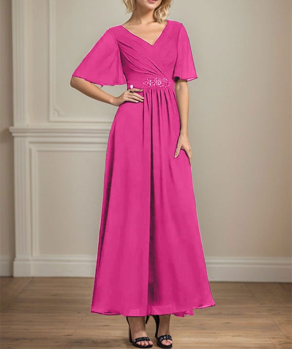 A-line V-Neck Ankle-Length Chiffon Mother of the Bride Dress With Pleated Beading Sequins
