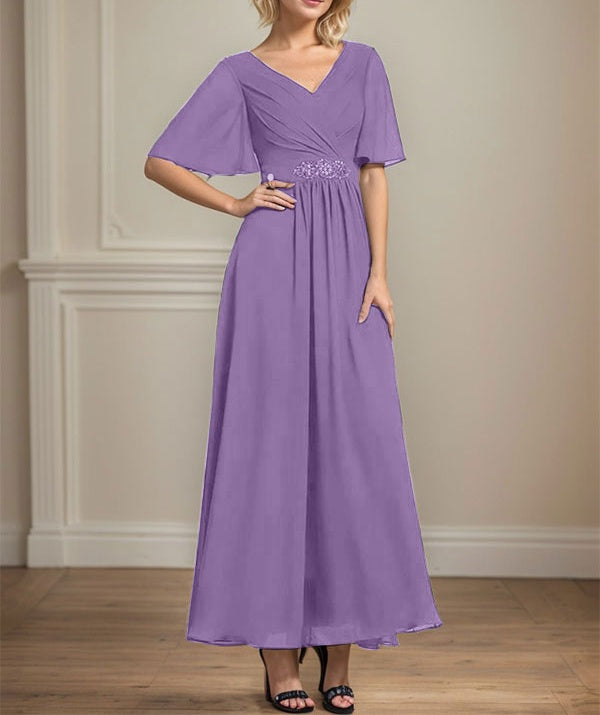 A-line V-Neck Ankle-Length Chiffon Mother of the Bride Dress With Pleated Beading Sequins