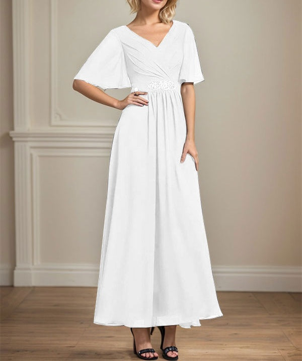 A-line V-Neck Ankle-Length Chiffon Mother of the Bride Dress With Pleated Beading Sequins
