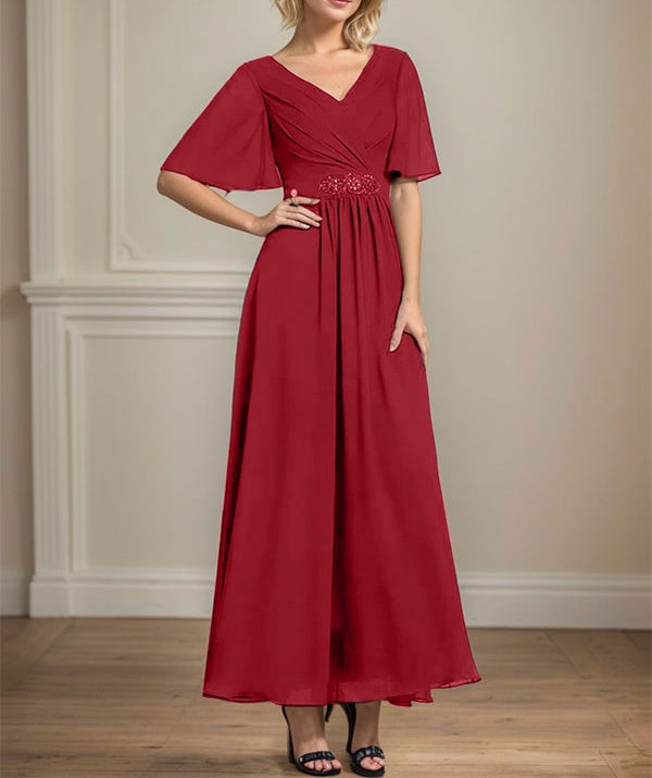 A-line V-Neck Ankle-Length Chiffon Mother of the Bride Dress With Pleated Beading Sequins