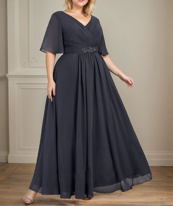 A-line V-Neck Ankle-Length Chiffon Mother of the Bride Dress With Pleated Beading Sequins