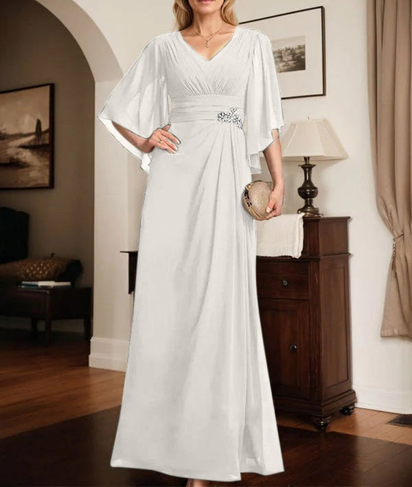 Sheath/Column V-Neck Floor-Length Chiffon Mother of the Bride Dress With Pleated Sequins Beading