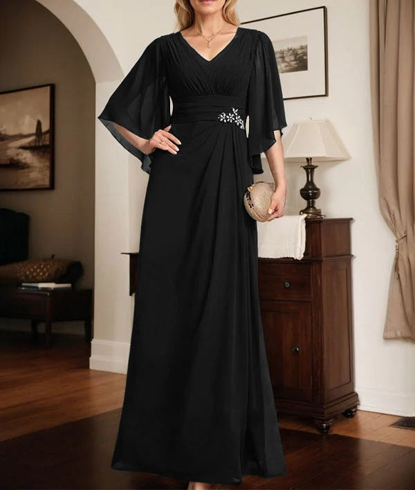 Sheath/Column V-Neck Floor-Length Chiffon Mother of the Bride Dress With Pleated Sequins Beading