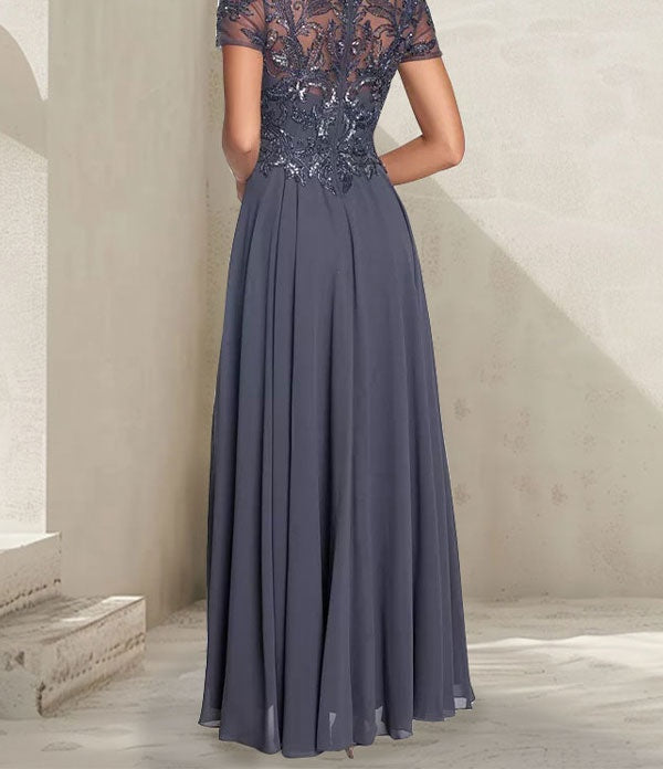 Charcoal Grey A-Line Scoop Long Mother of the Bride Dress With Beadings