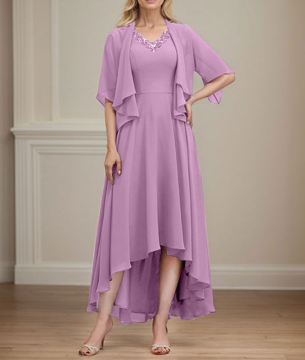 A-line V-Neck Asymmetrical Chiffon Mother of the Bride Dress With Beading Sequins