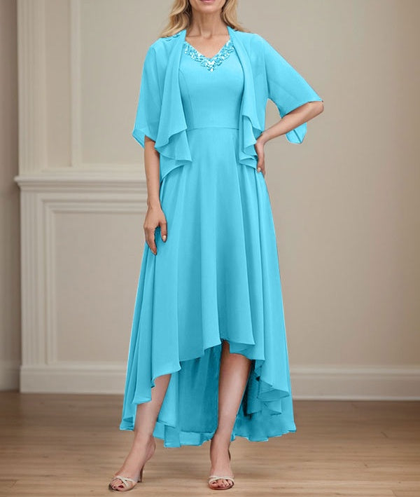 A-line V-Neck Asymmetrical Chiffon Mother of the Bride Dress With Beading Sequins