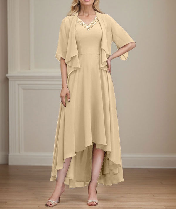 A-line V-Neck Asymmetrical Chiffon Mother of the Bride Dress With Beading Sequins