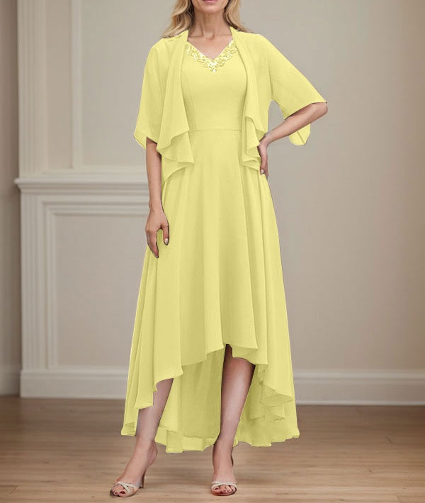 A-line V-Neck Asymmetrical Chiffon Mother of the Bride Dress With Beading Sequins